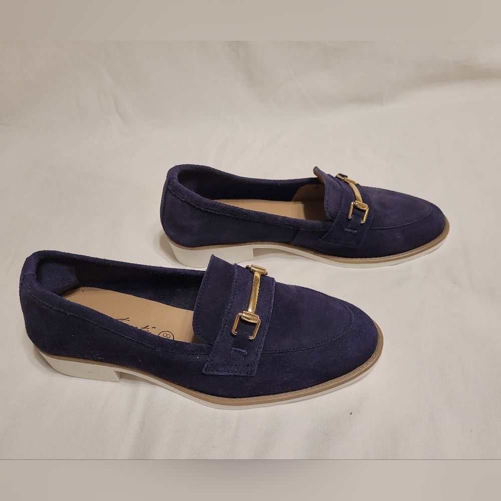Suede Navy Women's Loafers with Gold Accent